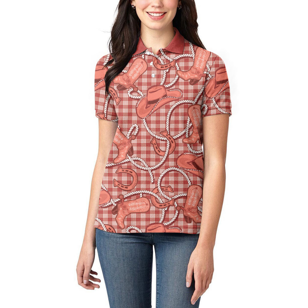 Red Hawaii Palaka Cowboy Women Polo Shirt Hawaiian Paniolo Festival Spirit LT19 - Polynesian Pride