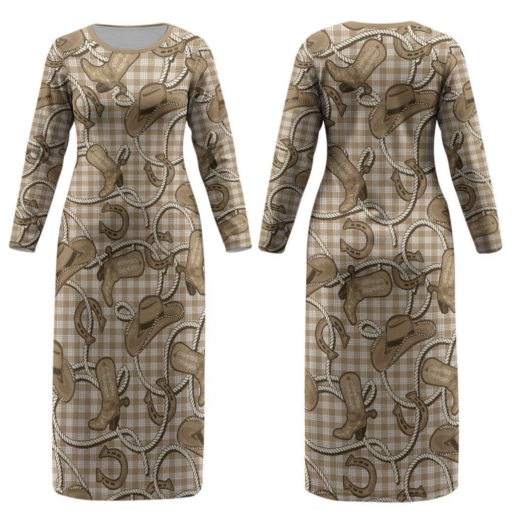 Beige Hawaii Palaka Cowboy Couples Matching Long Sleeve Bodycon Dress and Hawaiian Shirt Hawaiian Paniolo Festival Spirit LT19 - Polynesian Pride