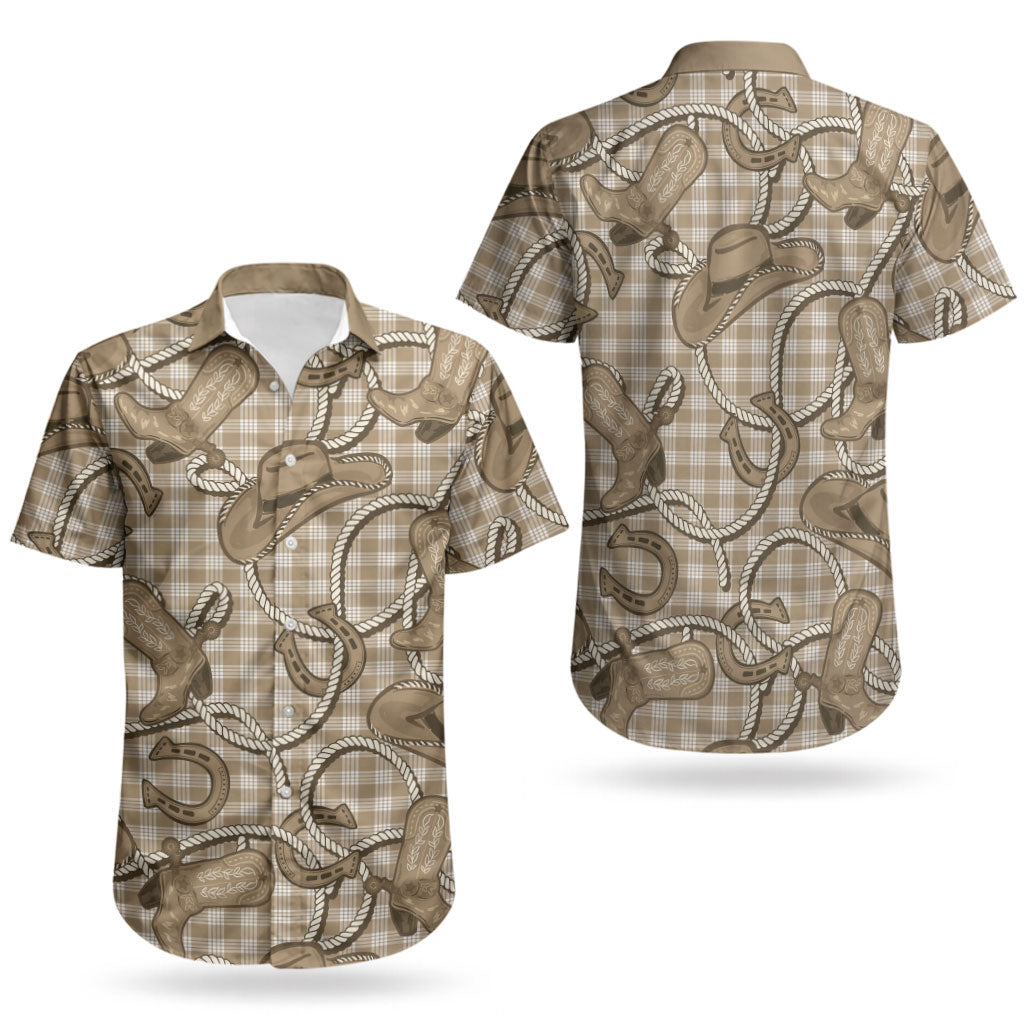 Beige Hawaii Palaka Cowboy Couples Matching Off Shoulder Short Dress and Hawaiian Shirt Hawaiian Paniolo Festival Spirit LT19 - Polynesian Pride