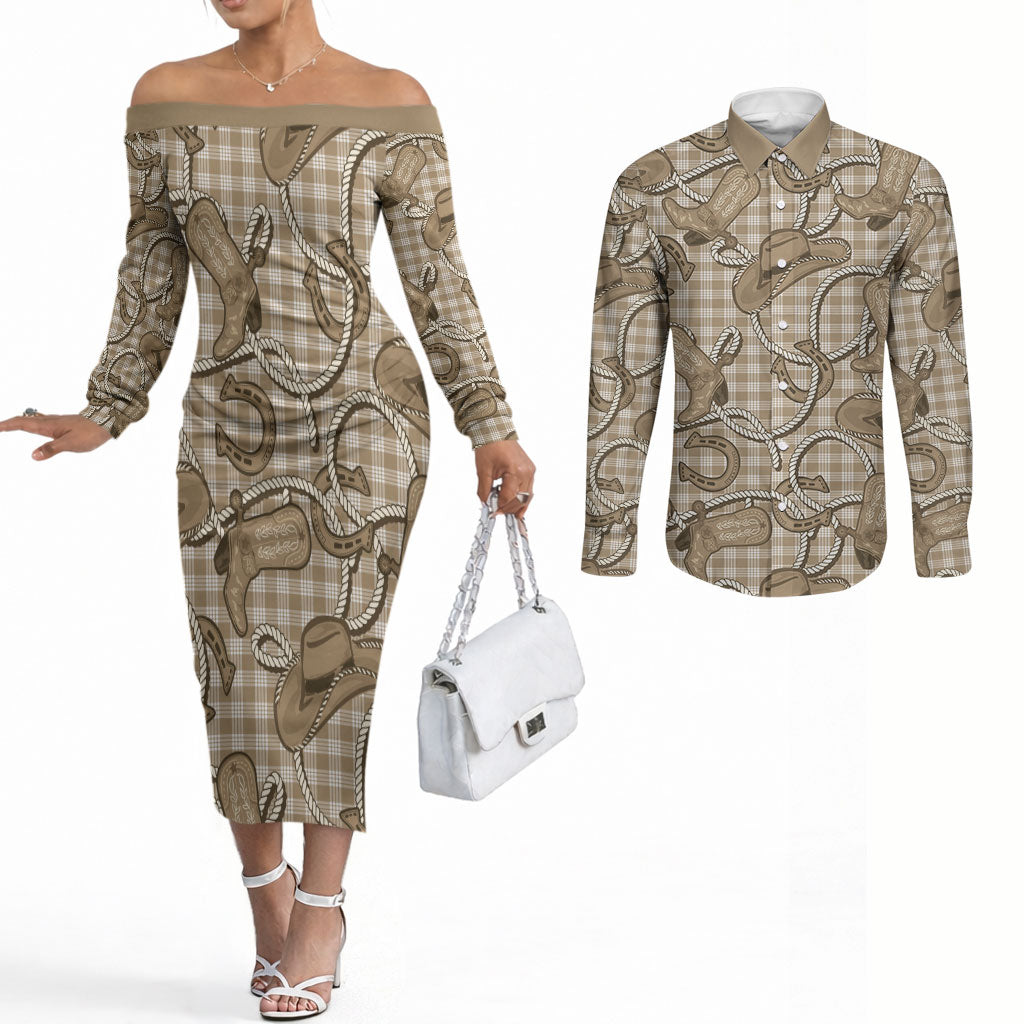 Beige Hawaii Palaka Cowboy Couples Matching Off The Shoulder Long Sleeve Dress and Long Sleeve Button Shirt Hawaiian Paniolo Festival Spirit LT19 Beige - Polynesian Pride