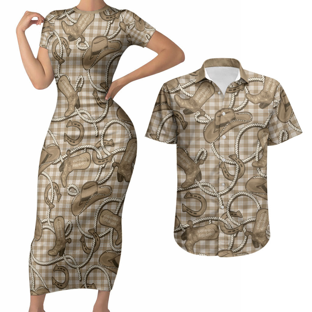 Beige Hawaii Palaka Cowboy Couples Matching Short Sleeve Bodycon Dress and Hawaiian Shirt Hawaiian Paniolo Festival Spirit LT19 Beige - Polynesian Pride