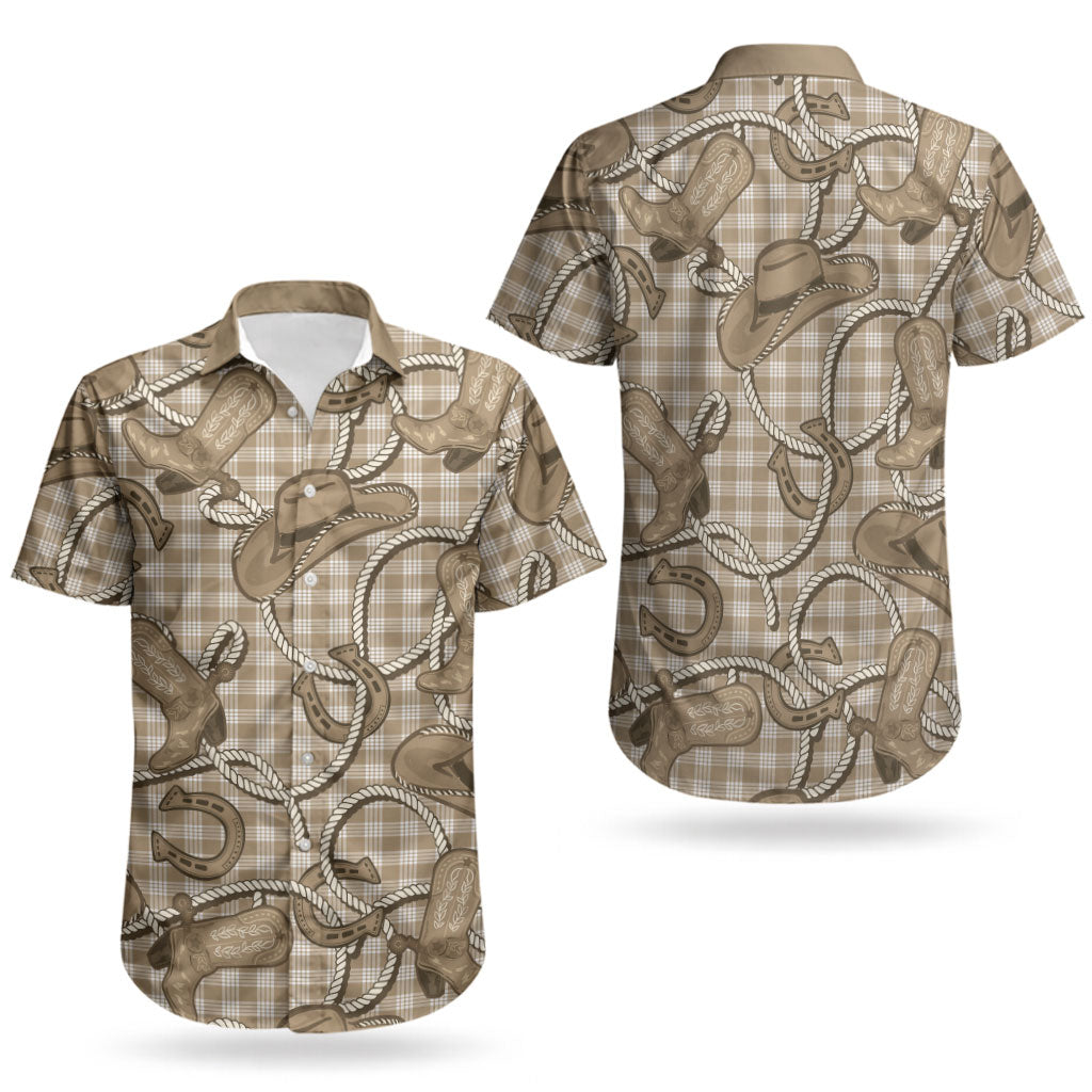 Beige Hawaii Palaka Cowboy Couples Matching Short Sleeve Bodycon Dress and Hawaiian Shirt Hawaiian Paniolo Festival Spirit LT19 - Polynesian Pride