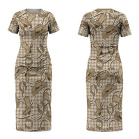 Beige Hawaii Palaka Cowboy Couples Matching Short Sleeve Bodycon Dress and Hawaiian Shirt Hawaiian Paniolo Festival Spirit LT19 - Polynesian Pride