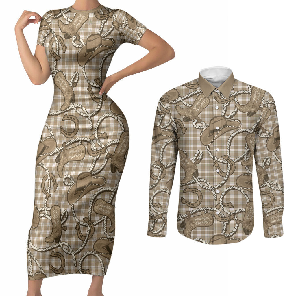 Beige Hawaii Palaka Cowboy Couples Matching Short Sleeve Bodycon Dress and Long Sleeve Button Shirt Hawaiian Paniolo Festival Spirit LT19 Beige - Polynesian Pride