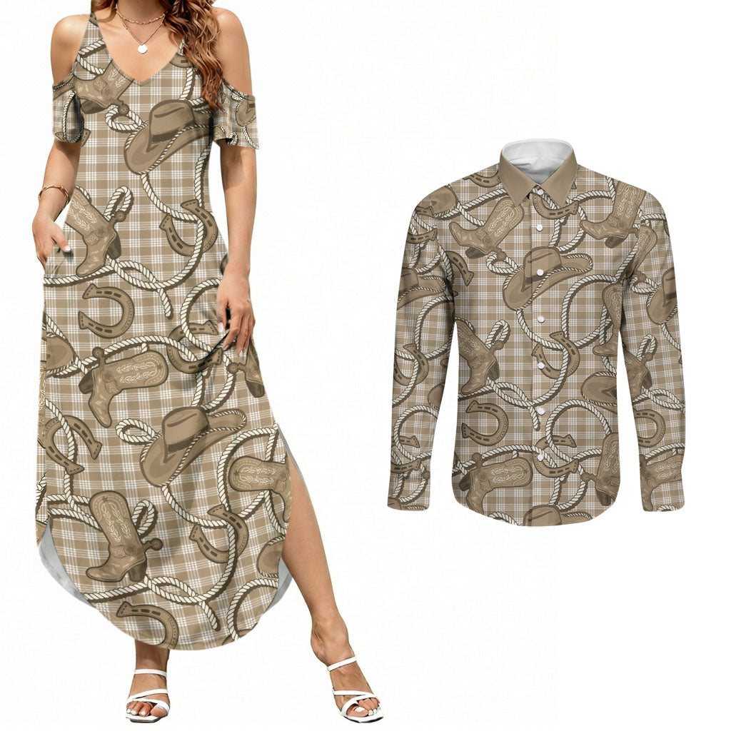 Beige Hawaii Palaka Cowboy Couples Matching Summer Maxi Dress and Long Sleeve Button Shirt Hawaiian Paniolo Festival Spirit LT19 Beige - Polynesian Pride