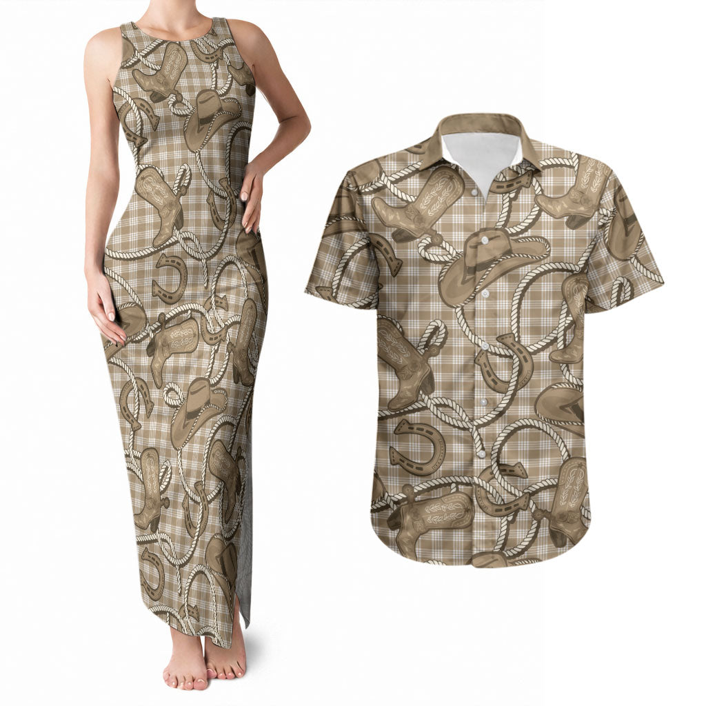 Beige Hawaii Palaka Cowboy Couples Matching Tank Maxi Dress and Hawaiian Shirt Hawaiian Paniolo Festival Spirit LT19 Beige - Polynesian Pride