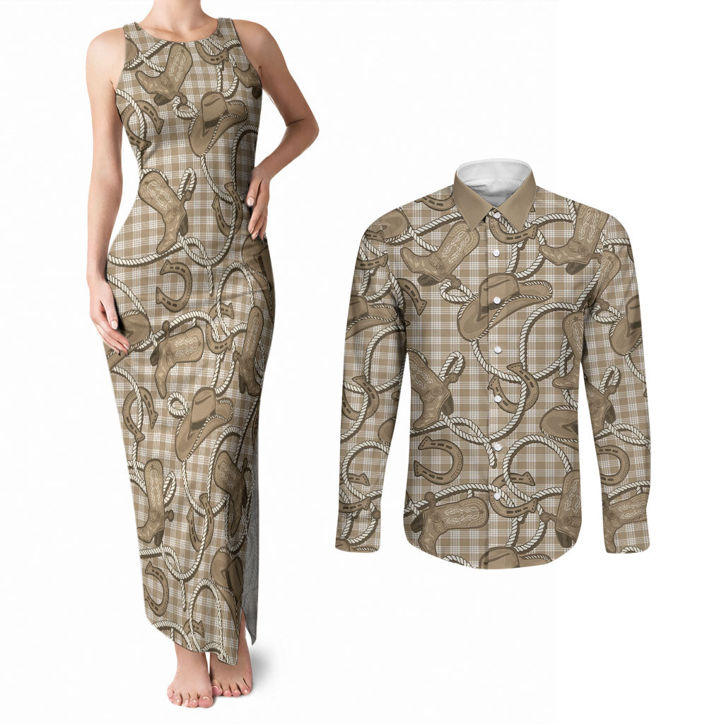 Beige Hawaii Palaka Cowboy Couples Matching Tank Maxi Dress and Long Sleeve Button Shirt Hawaiian Paniolo Festival Spirit LT19 Beige - Polynesian Pride