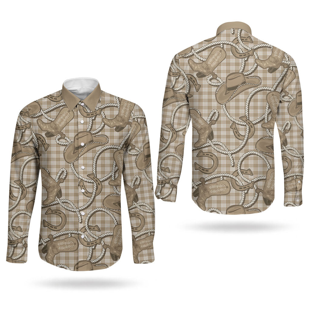 Beige Hawaii Palaka Cowboy Couples Matching Tank Maxi Dress and Long Sleeve Button Shirt Hawaiian Paniolo Festival Spirit LT19 - Polynesian Pride