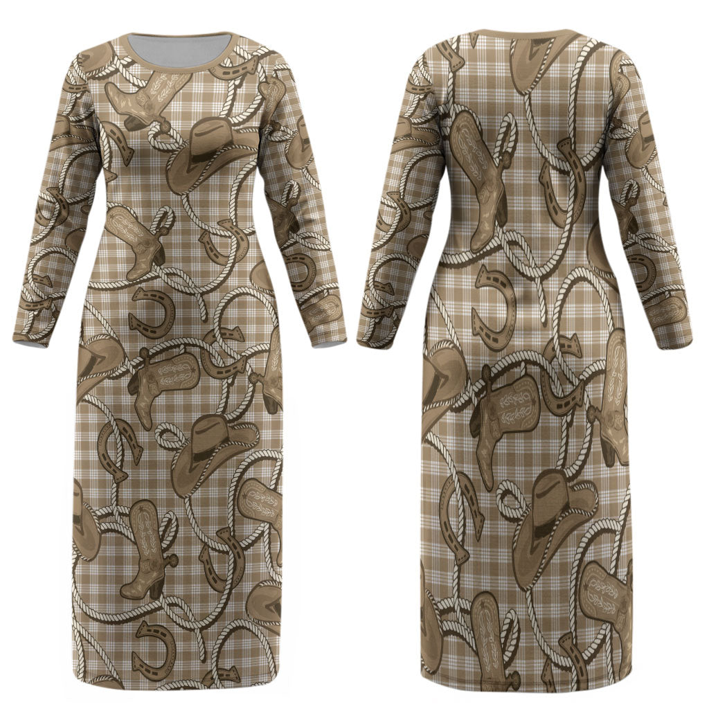 Beige Hawaii Palaka Cowboy Family Matching Long Sleeve Bodycon Dress and Hawaiian Shirt Hawaiian Paniolo Festival Spirit LT19 Mom's Dress Beige - Polynesian Pride