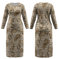 Beige Hawaii Palaka Cowboy Family Matching Long Sleeve Bodycon Dress and Hawaiian Shirt Hawaiian Paniolo Festival Spirit LT19 Mom's Dress Beige - Polynesian Pride
