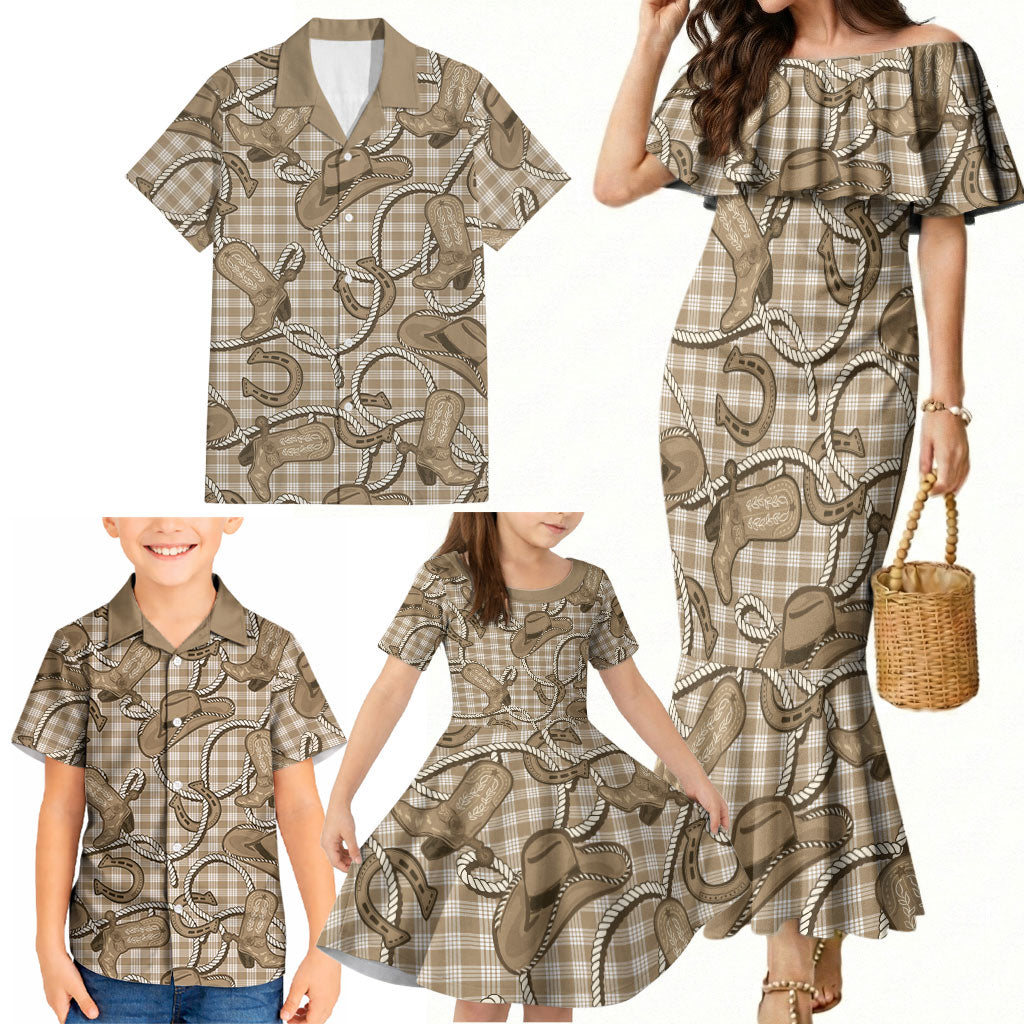 Beige Hawaii Palaka Cowboy Family Matching Mermaid Dress and Hawaiian Shirt Hawaiian Paniolo Festival Spirit LT19 - Polynesian Pride