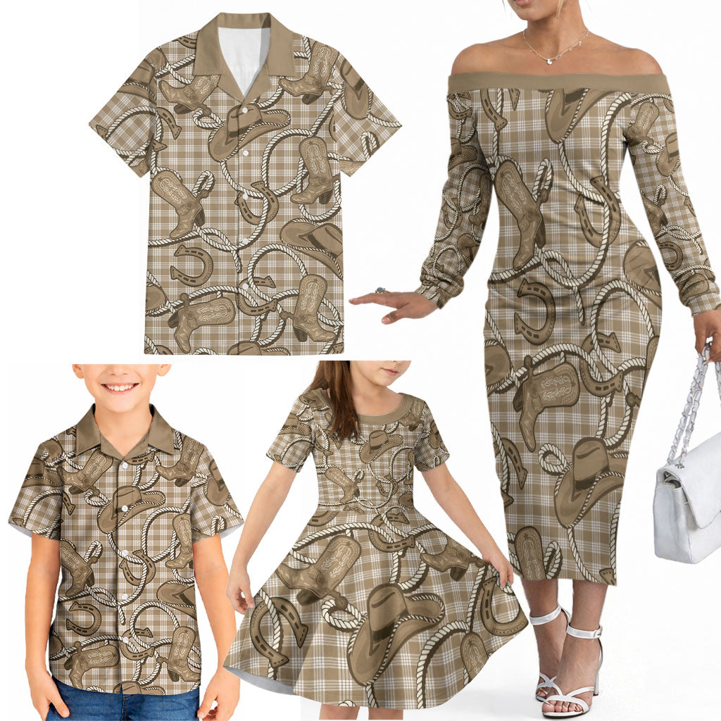 Beige Hawaii Palaka Cowboy Family Matching Off The Shoulder Long Sleeve Dress and Hawaiian Shirt Hawaiian Paniolo Festival Spirit LT19 - Polynesian Pride