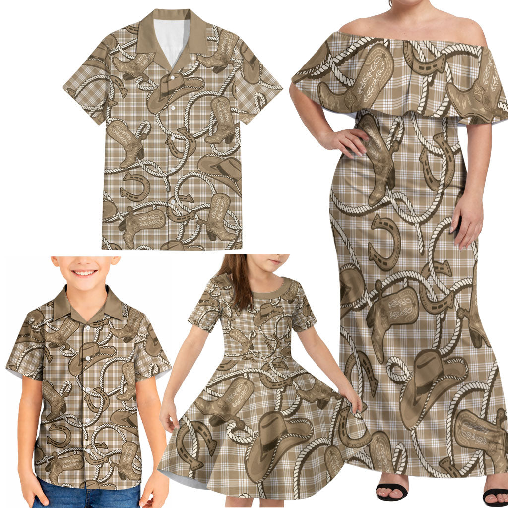 Beige Hawaii Palaka Cowboy Family Matching Off Shoulder Maxi Dress and Hawaiian Shirt Hawaiian Paniolo Festival Spirit LT19 - Polynesian Pride