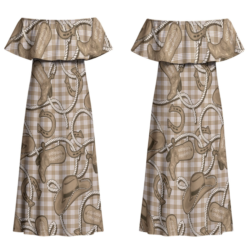 Beige Hawaii Palaka Cowboy Family Matching Off Shoulder Maxi Dress and Hawaiian Shirt Hawaiian Paniolo Festival Spirit LT19 Mom's Dress Beige - Polynesian Pride