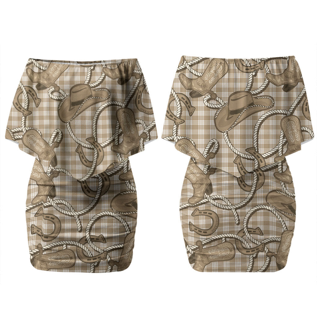 Beige Hawaii Palaka Cowboy Family Matching Off Shoulder Short Dress and Hawaiian Shirt Hawaiian Paniolo Festival Spirit LT19 Mom's Dress Beige - Polynesian Pride