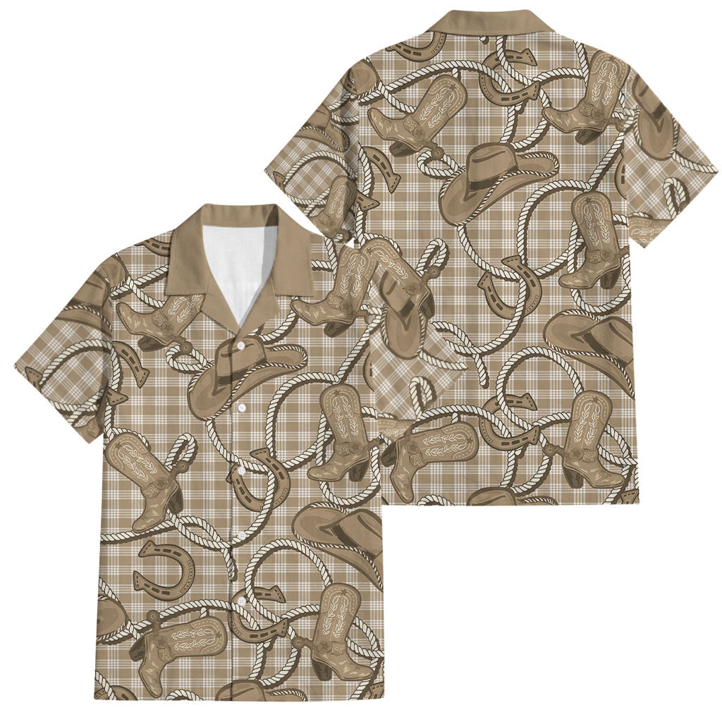 Beige Hawaii Palaka Cowboy Family Matching Off Shoulder Short Dress and Hawaiian Shirt Hawaiian Paniolo Festival Spirit LT19 Dad's Shirt - Short Sleeve Beige - Polynesian Pride