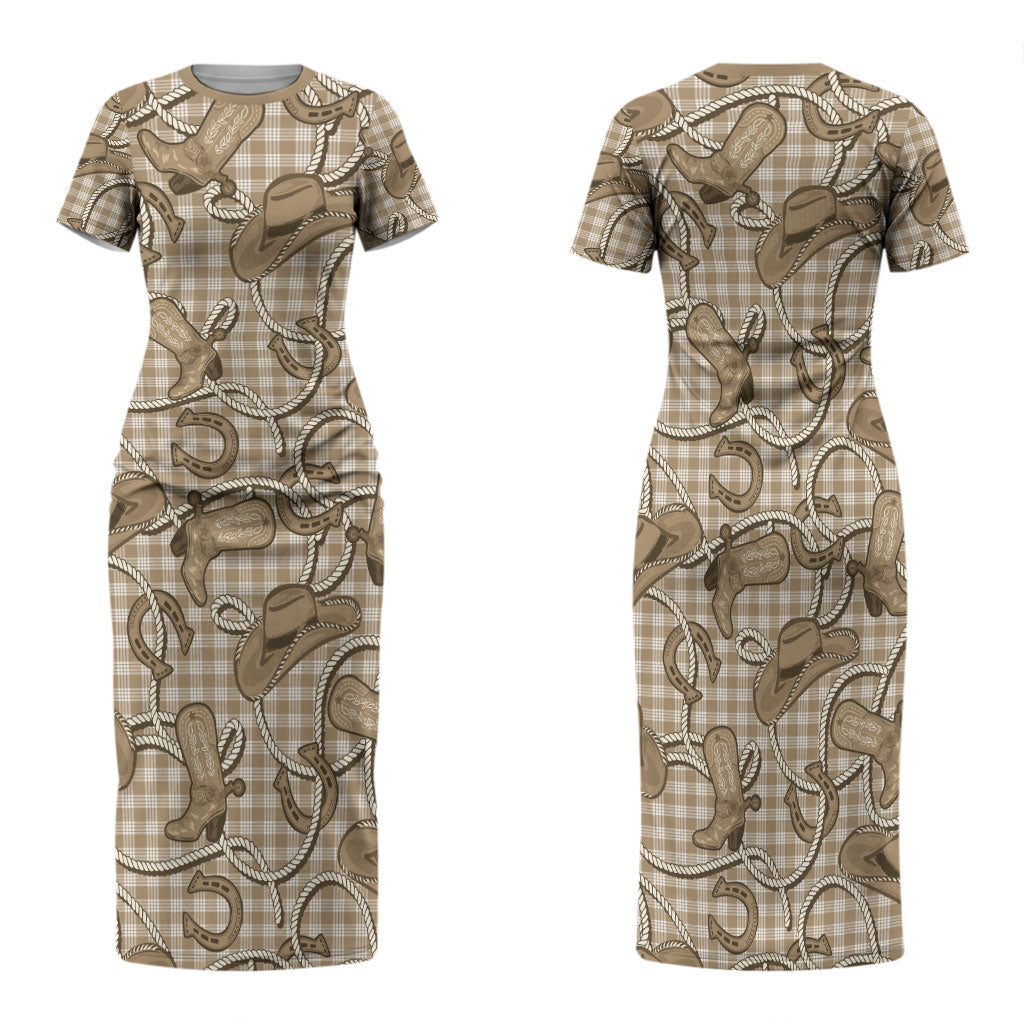 Beige Hawaii Palaka Cowboy Family Matching Short Sleeve Bodycon Dress and Hawaiian Shirt Hawaiian Paniolo Festival Spirit LT19 Mom's Dress Beige - Polynesian Pride