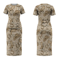 Beige Hawaii Palaka Cowboy Family Matching Short Sleeve Bodycon Dress and Hawaiian Shirt Hawaiian Paniolo Festival Spirit LT19 Mom's Dress Beige - Polynesian Pride