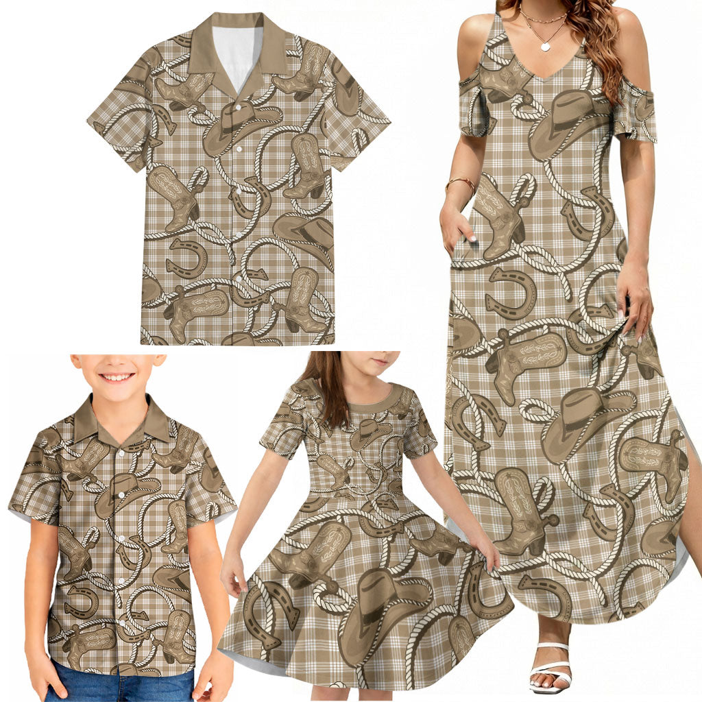 Beige Hawaii Palaka Cowboy Family Matching Summer Maxi Dress and Hawaiian Shirt Hawaiian Paniolo Festival Spirit LT19 - Polynesian Pride