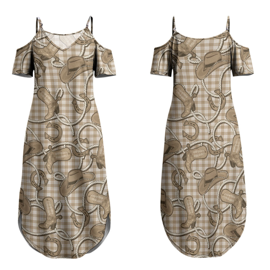 Beige Hawaii Palaka Cowboy Family Matching Summer Maxi Dress and Hawaiian Shirt Hawaiian Paniolo Festival Spirit LT19 Mom's Dress Beige - Polynesian Pride
