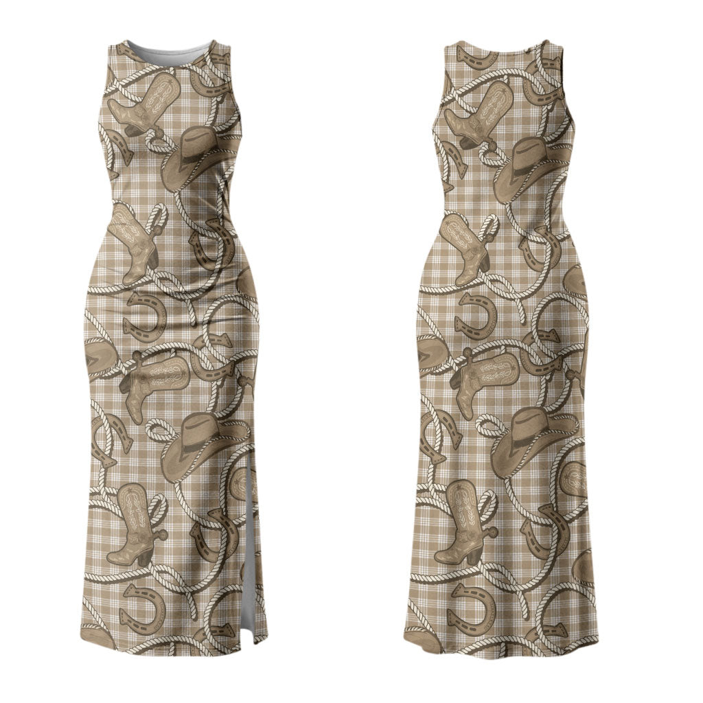Beige Hawaii Palaka Cowboy Family Matching Tank Maxi Dress and Hawaiian Shirt Hawaiian Paniolo Festival Spirit LT19 Mom's Dress Beige - Polynesian Pride