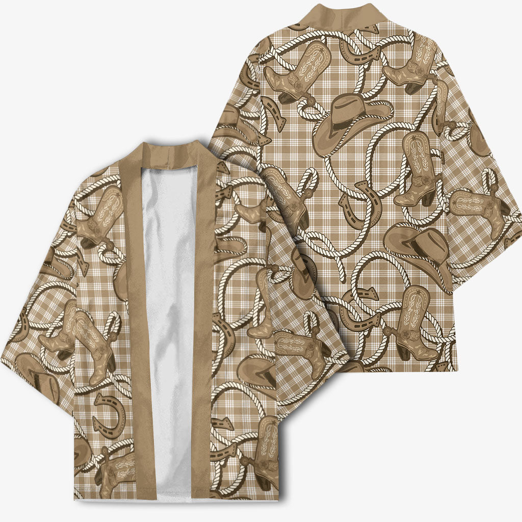 Beige Hawaii Palaka Cowboy Kimono Hawaiian Paniolo Festival Spirit LT19 - Polynesian Pride