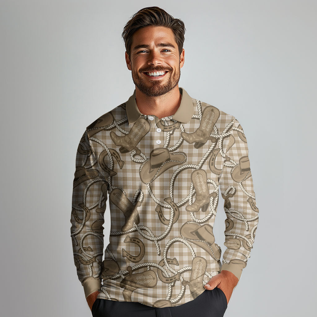Beige Hawaii Palaka Cowboy Long Sleeve Polo Shirt Hawaiian Paniolo Festival Spirit LT19 - Polynesian Pride