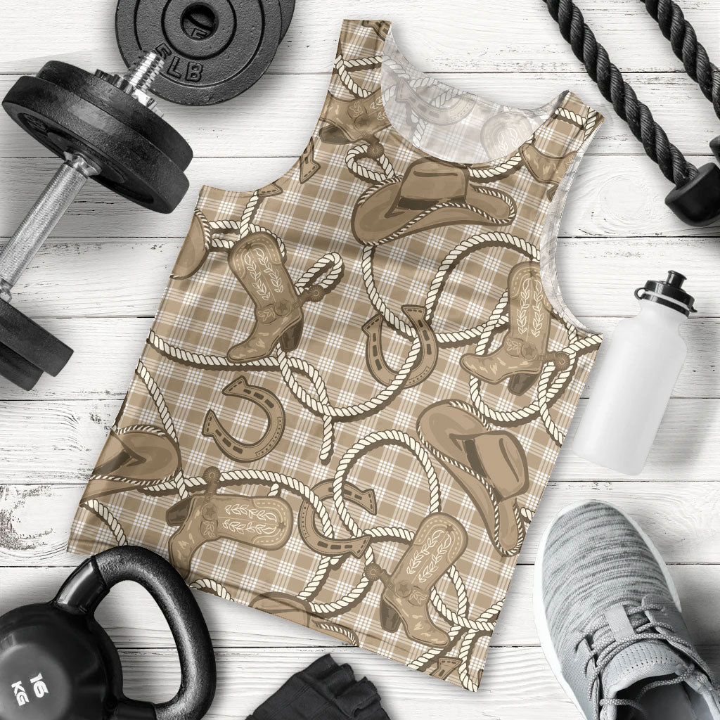 Beige Hawaii Palaka Cowboy Men Tank Top Hawaiian Paniolo Festival Spirit LT19 - Polynesian Pride
