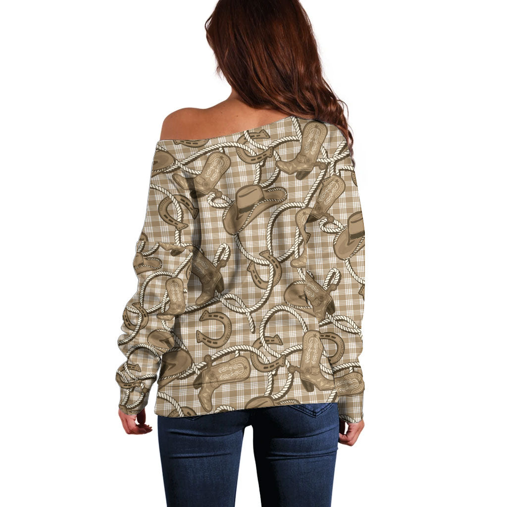 Beige Hawaii Palaka Cowboy Off Shoulder Sweater Hawaiian Paniolo Festival Spirit LT19 - Polynesian Pride