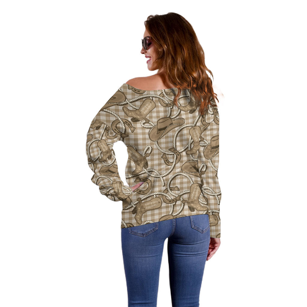 Beige Hawaii Palaka Cowboy Off Shoulder Sweater Hawaiian Paniolo Festival Spirit LT19 - Polynesian Pride
