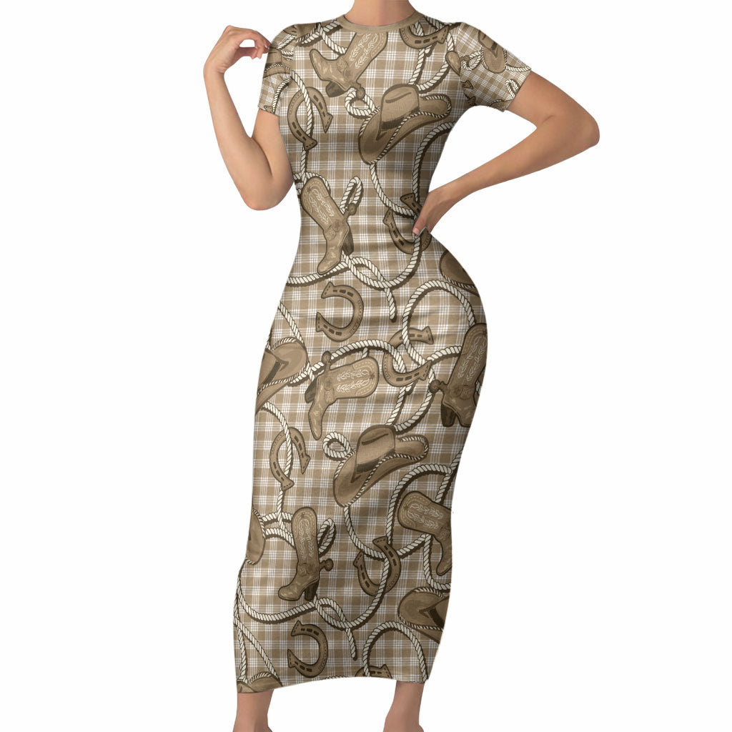 Beige Hawaii Palaka Cowboy Short Sleeve Bodycon Dress Hawaiian Paniolo Festival Spirit LT19 Long Dress Beige - Polynesian Pride