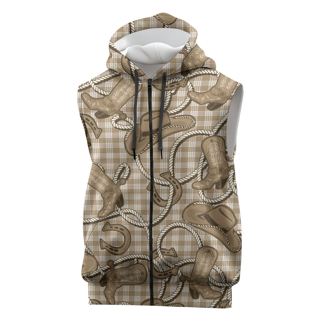 Beige Hawaii Palaka Cowboy Sleeveless Zip Hoodie Hawaiian Paniolo Festival Spirit LT19 Beige - Polynesian Pride