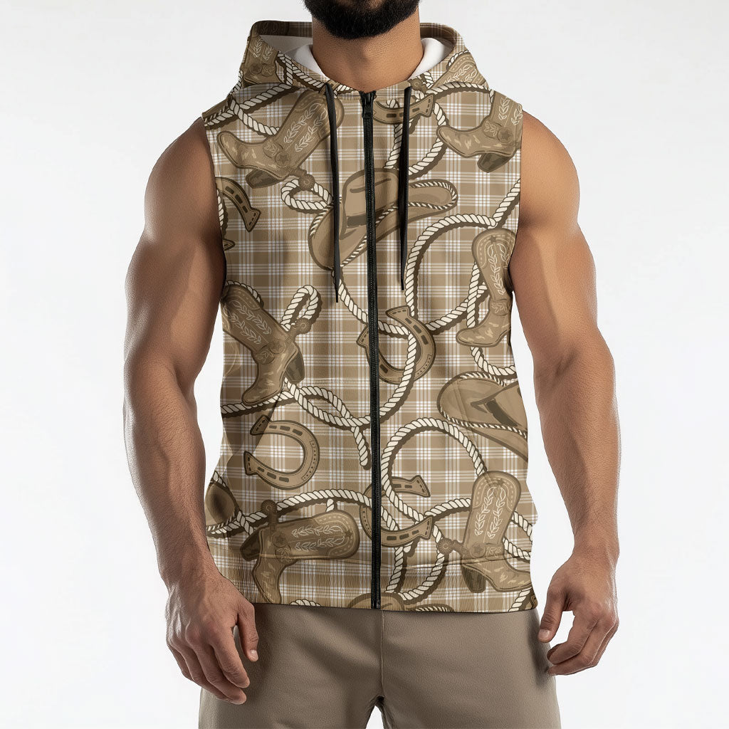 Beige Hawaii Palaka Cowboy Sleeveless Zip Hoodie Hawaiian Paniolo Festival Spirit LT19 - Polynesian Pride
