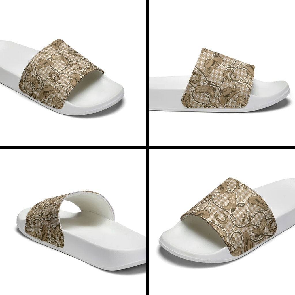 Beige Hawaii Palaka Cowboy Slide Sandals Hawaiian Paniolo Festival Spirit LT19 - Polynesian Pride