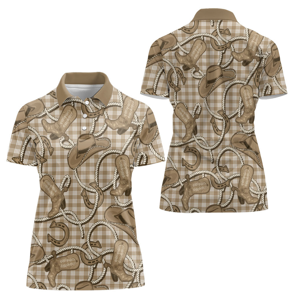 Beige Hawaii Palaka Cowboy Women Polo Shirt Hawaiian Paniolo Festival Spirit LT19 - Polynesian Pride