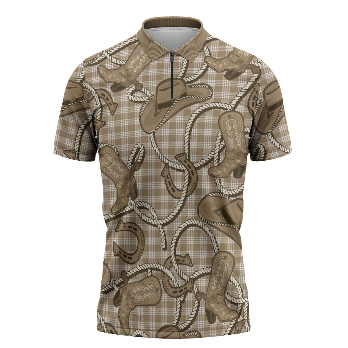 Beige Hawaii Palaka Cowboy Zipper Polo Shirt Hawaiian Paniolo Festival Spirit LT19 Beige - Polynesian Pride