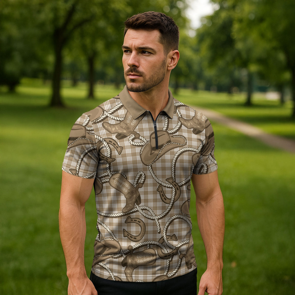 Beige Hawaii Palaka Cowboy Zipper Polo Shirt Hawaiian Paniolo Festival Spirit LT19 - Polynesian Pride