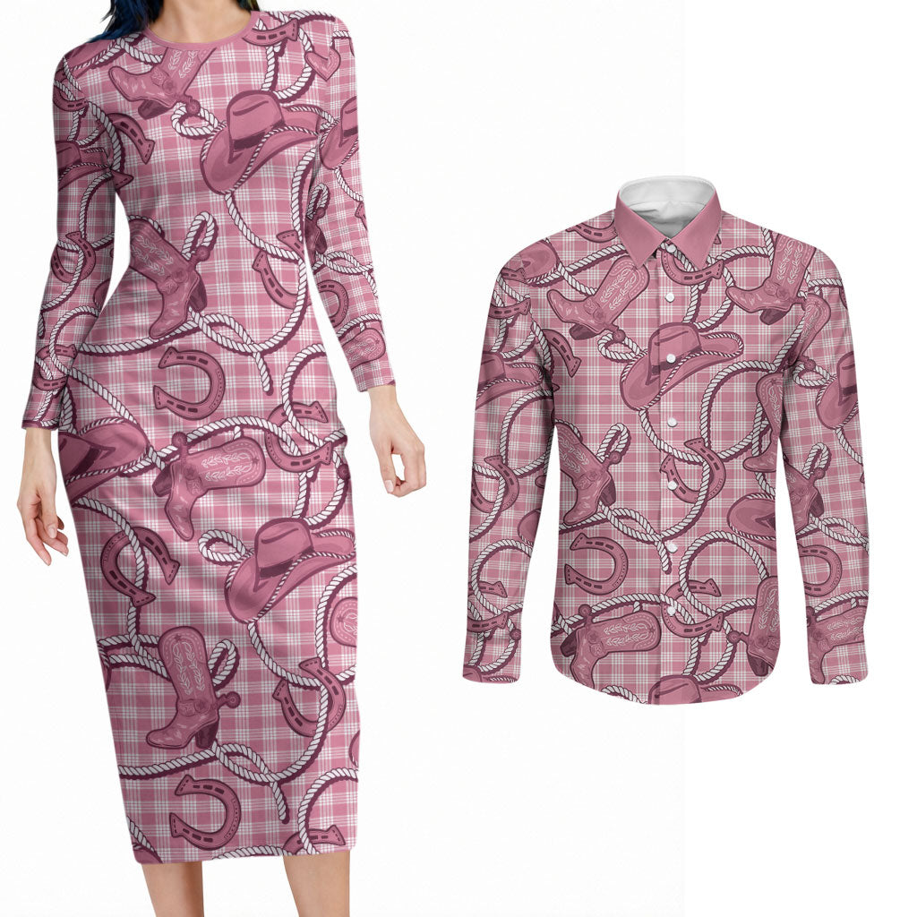 Pink Hawaii Palaka Cowboy Couples Matching Long Sleeve Bodycon Dress and Long Sleeve Button Shirt Hawaiian Paniolo Festival Spirit LT19 Pink - Polynesian Pride