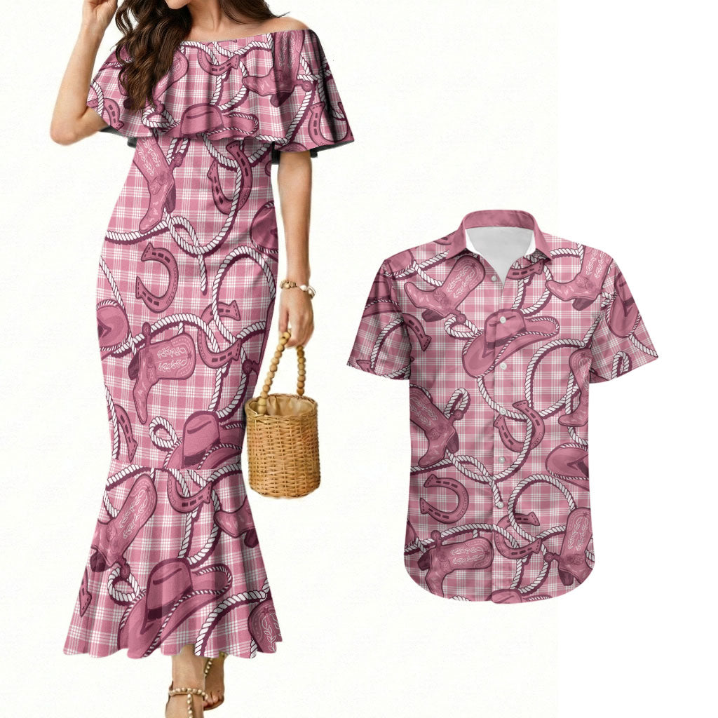 Pink Hawaii Palaka Cowboy Couples Matching Mermaid Dress and Hawaiian Shirt Hawaiian Paniolo Festival Spirit LT19 Pink - Polynesian Pride