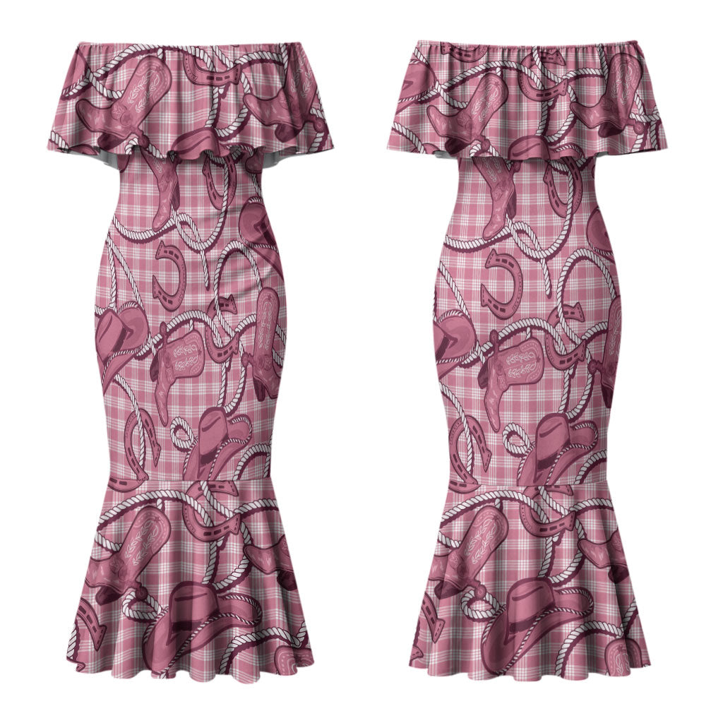 Pink Hawaii Palaka Cowboy Couples Matching Mermaid Dress and Long Sleeve Button Shirt Hawaiian Paniolo Festival Spirit LT19 - Polynesian Pride