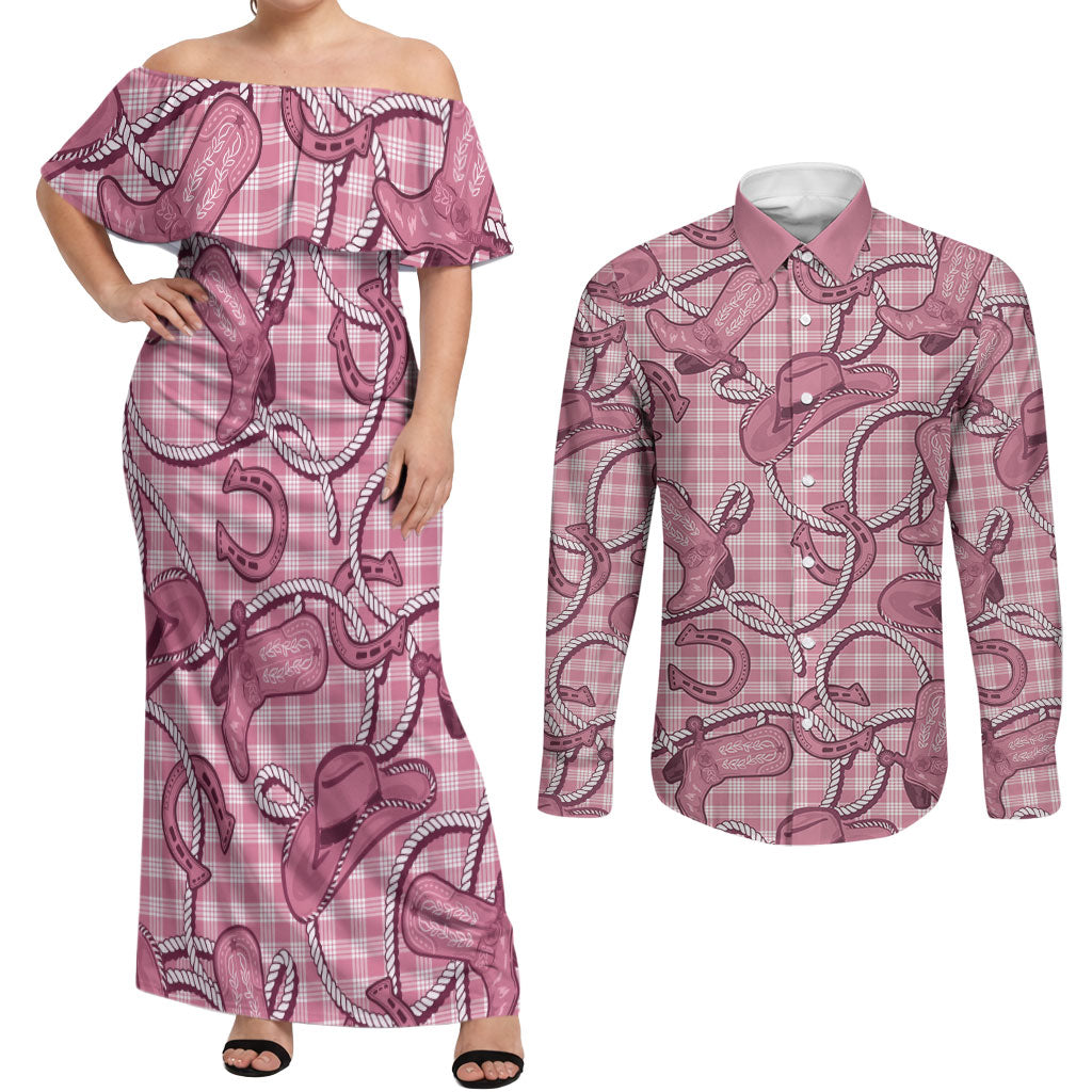 Pink Hawaii Palaka Cowboy Couples Matching Off Shoulder Maxi Dress and Long Sleeve Button Shirt Hawaiian Paniolo Festival Spirit LT19 Pink - Polynesian Pride