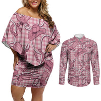Pink Hawaii Palaka Cowboy Couples Matching Off Shoulder Short Dress and Long Sleeve Button Shirt Hawaiian Paniolo Festival Spirit LT19 Pink - Polynesian Pride
