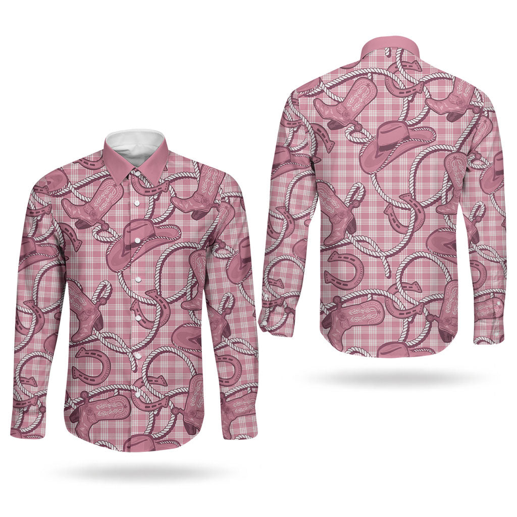 Pink Hawaii Palaka Cowboy Couples Matching Off Shoulder Short Dress and Long Sleeve Button Shirt Hawaiian Paniolo Festival Spirit LT19 - Polynesian Pride