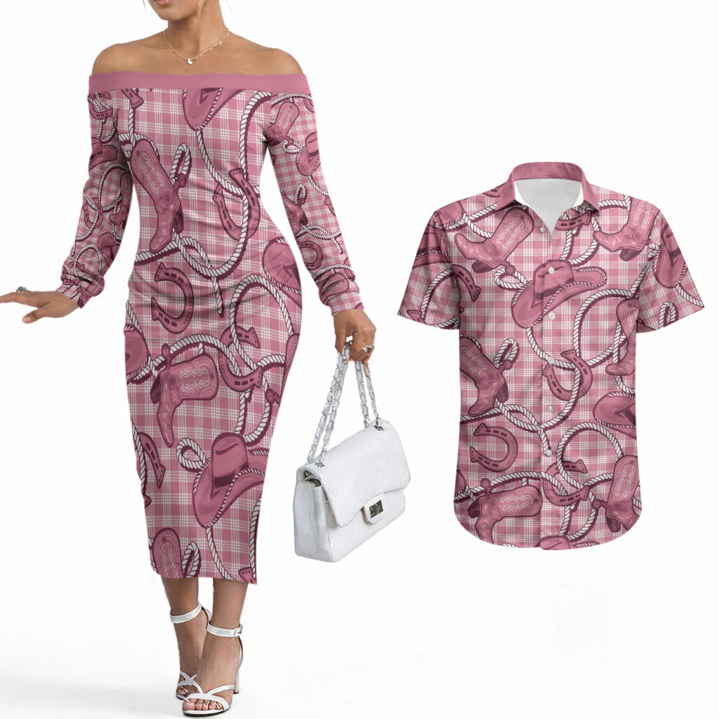 Pink Hawaii Palaka Cowboy Couples Matching Off The Shoulder Long Sleeve Dress and Hawaiian Shirt Hawaiian Paniolo Festival Spirit LT19 Pink - Polynesian Pride