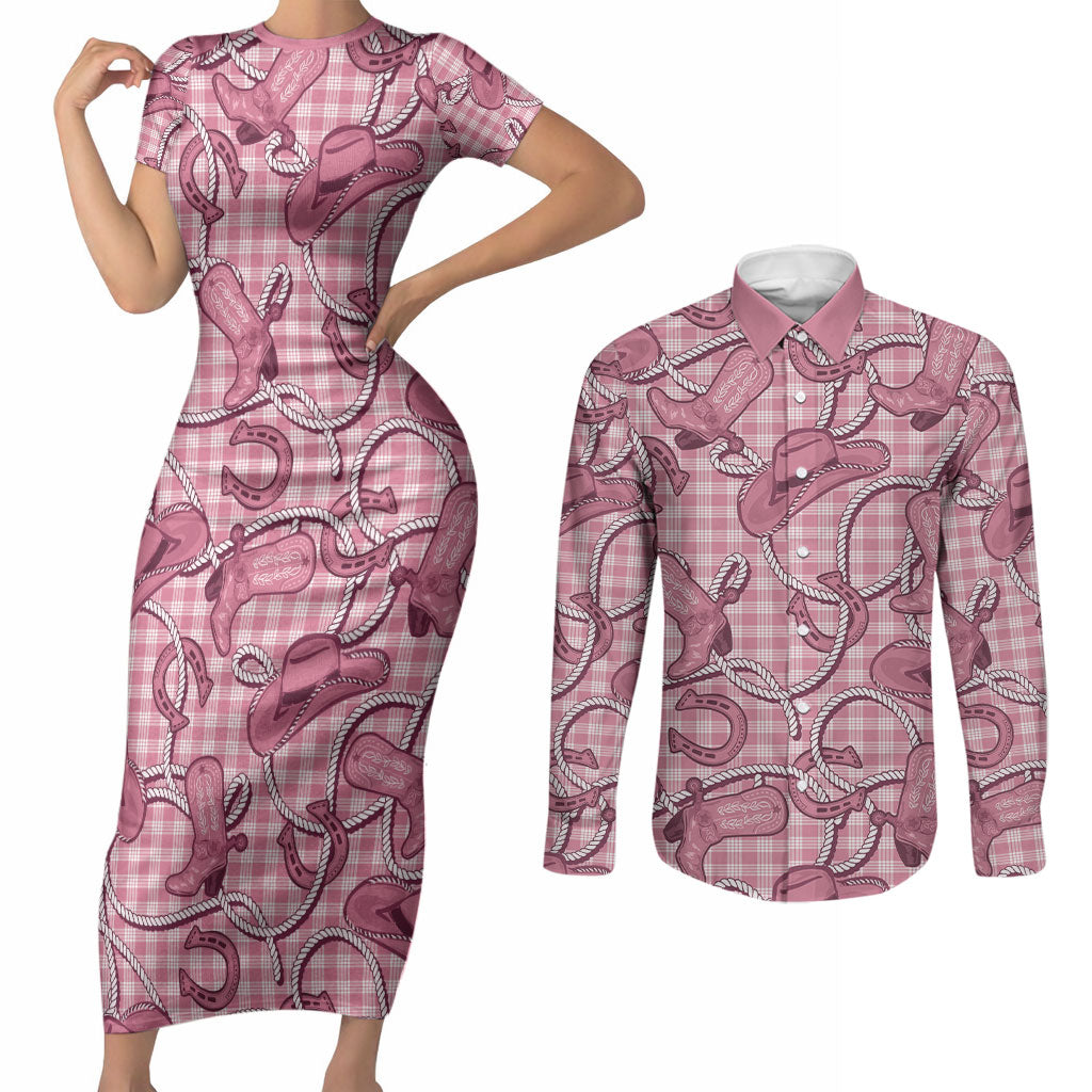 Pink Hawaii Palaka Cowboy Couples Matching Short Sleeve Bodycon Dress and Long Sleeve Button Shirt Hawaiian Paniolo Festival Spirit LT19 Pink - Polynesian Pride