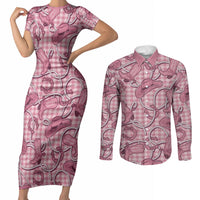 Pink Hawaii Palaka Cowboy Couples Matching Short Sleeve Bodycon Dress and Long Sleeve Button Shirt Hawaiian Paniolo Festival Spirit LT19 Pink - Polynesian Pride