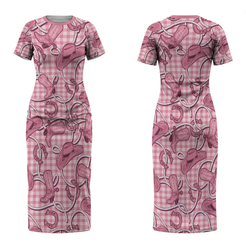 Pink Hawaii Palaka Cowboy Couples Matching Short Sleeve Bodycon Dress and Long Sleeve Button Shirt Hawaiian Paniolo Festival Spirit LT19 - Polynesian Pride