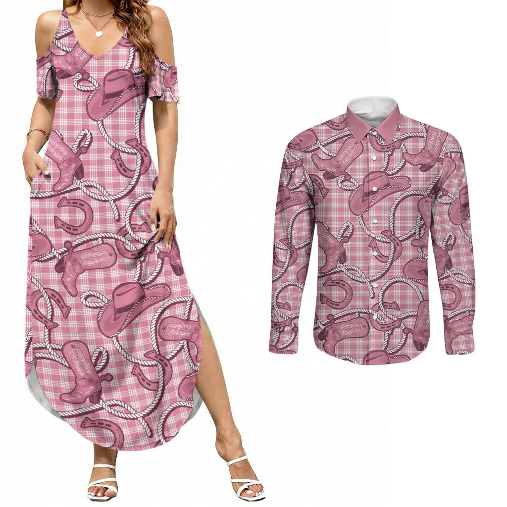 Pink Hawaii Palaka Cowboy Couples Matching Summer Maxi Dress and Long Sleeve Button Shirt Hawaiian Paniolo Festival Spirit LT19 Pink - Polynesian Pride