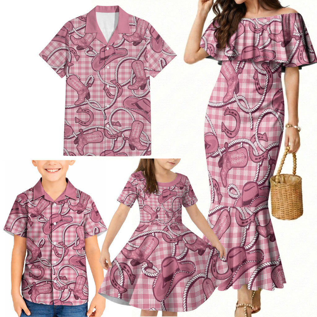 Pink Hawaii Palaka Cowboy Family Matching Mermaid Dress and Hawaiian Shirt Hawaiian Paniolo Festival Spirit LT19 - Polynesian Pride