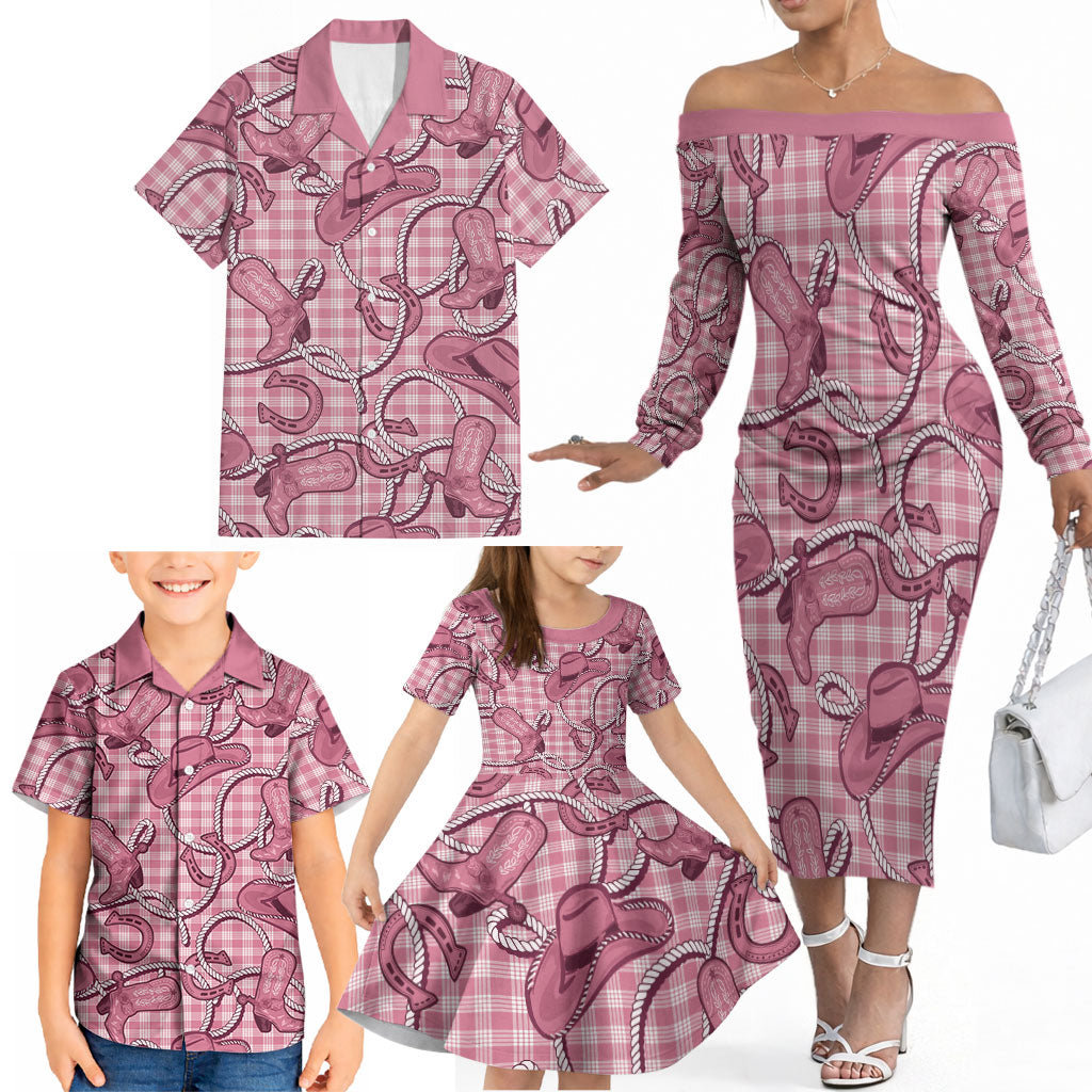 Pink Hawaii Palaka Cowboy Family Matching Off The Shoulder Long Sleeve Dress and Hawaiian Shirt Hawaiian Paniolo Festival Spirit LT19 - Polynesian Pride